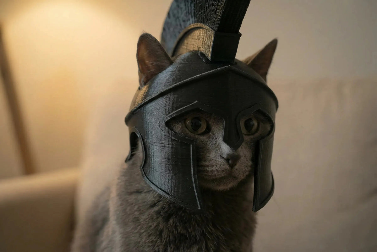 3D Printed Spartan Warrior Cat Helmet – Epic Armor for Your Pet