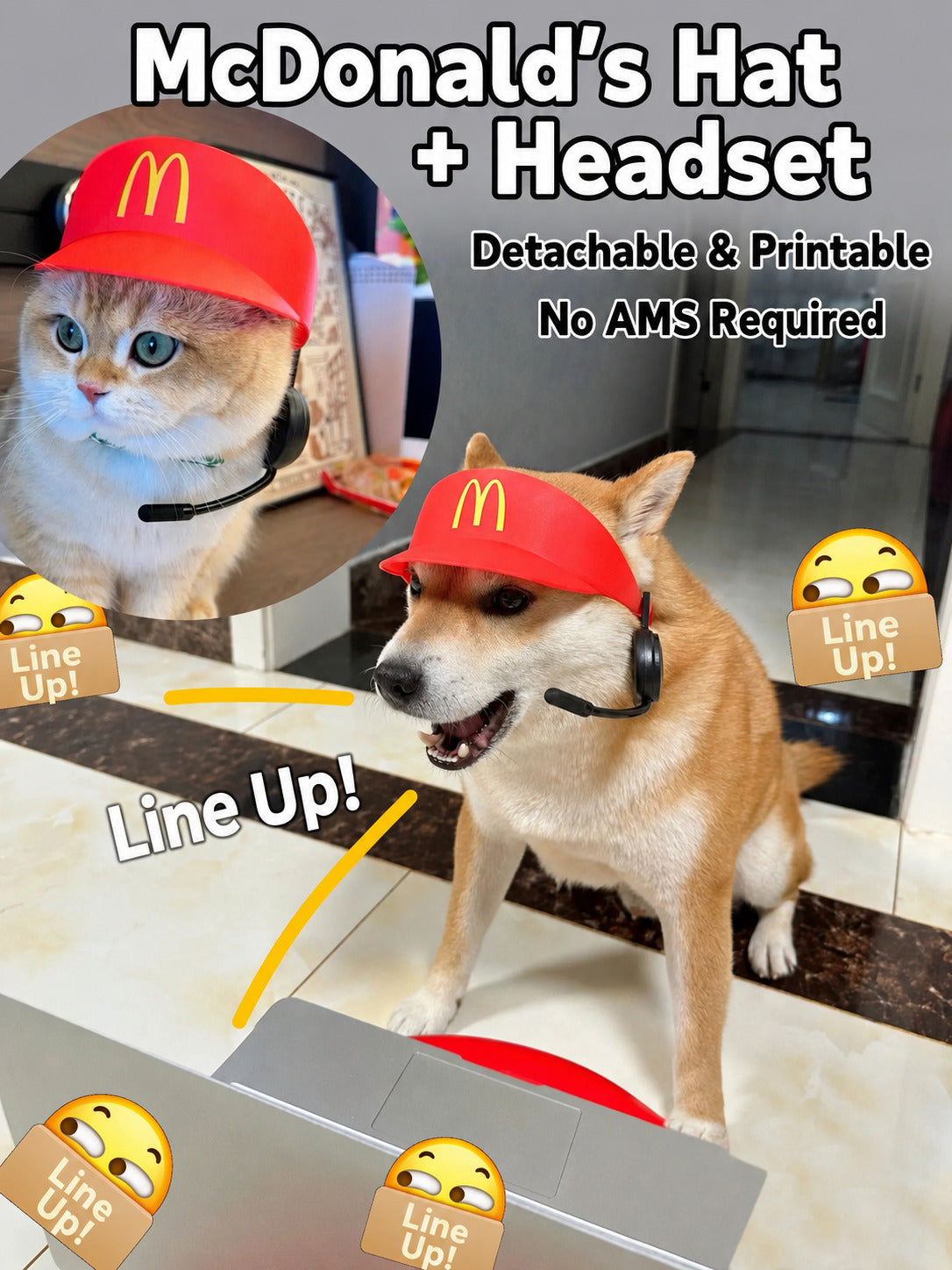 3D Printed McDonald’s Style Pet Hat + Headset Set