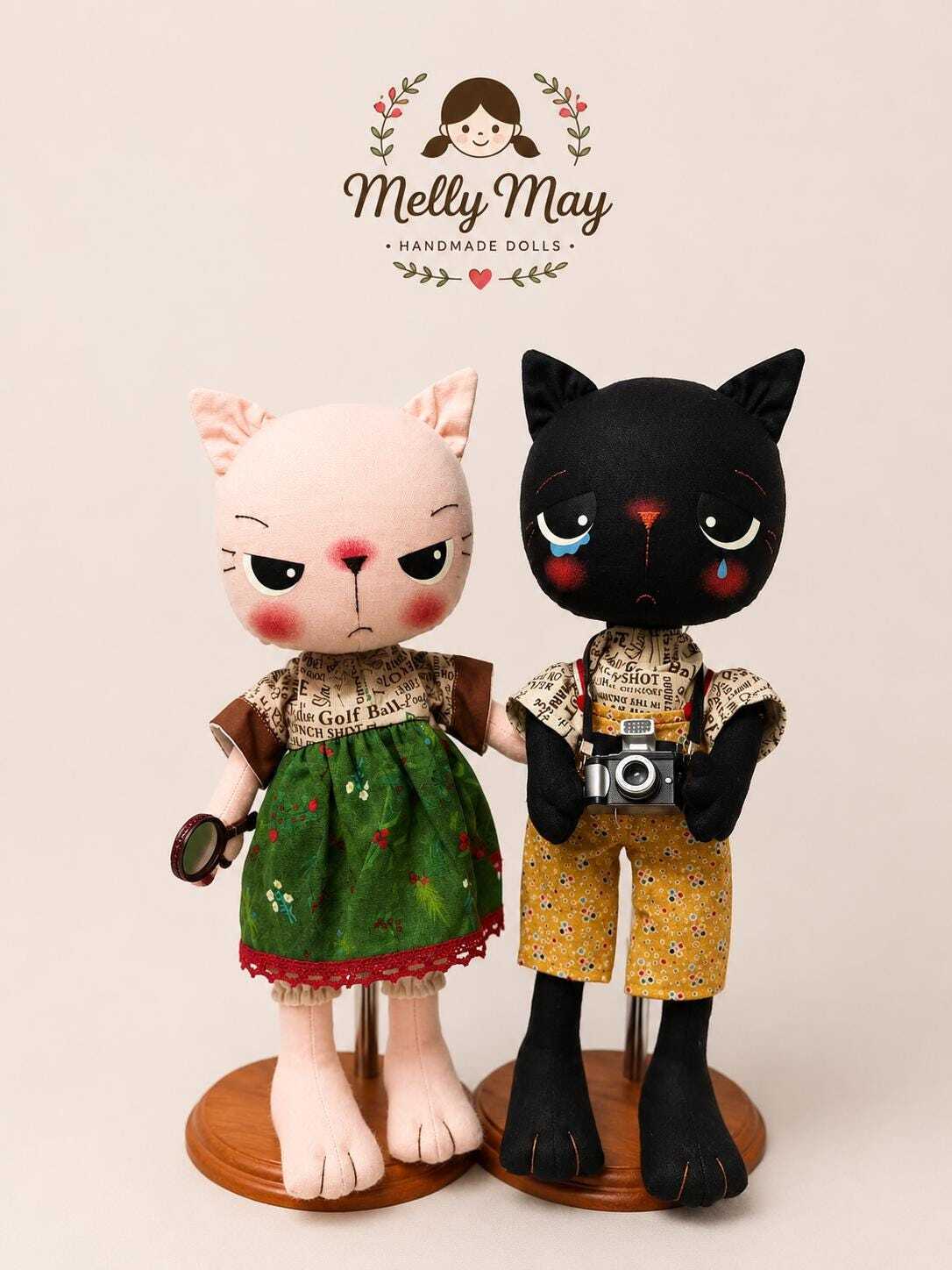 Vintage Traveler Cat Couple | Handmade Art Dolls