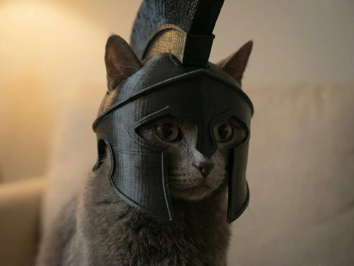 3D Printed Spartan Warrior Cat Helmet – Epic Armor for Your Pet