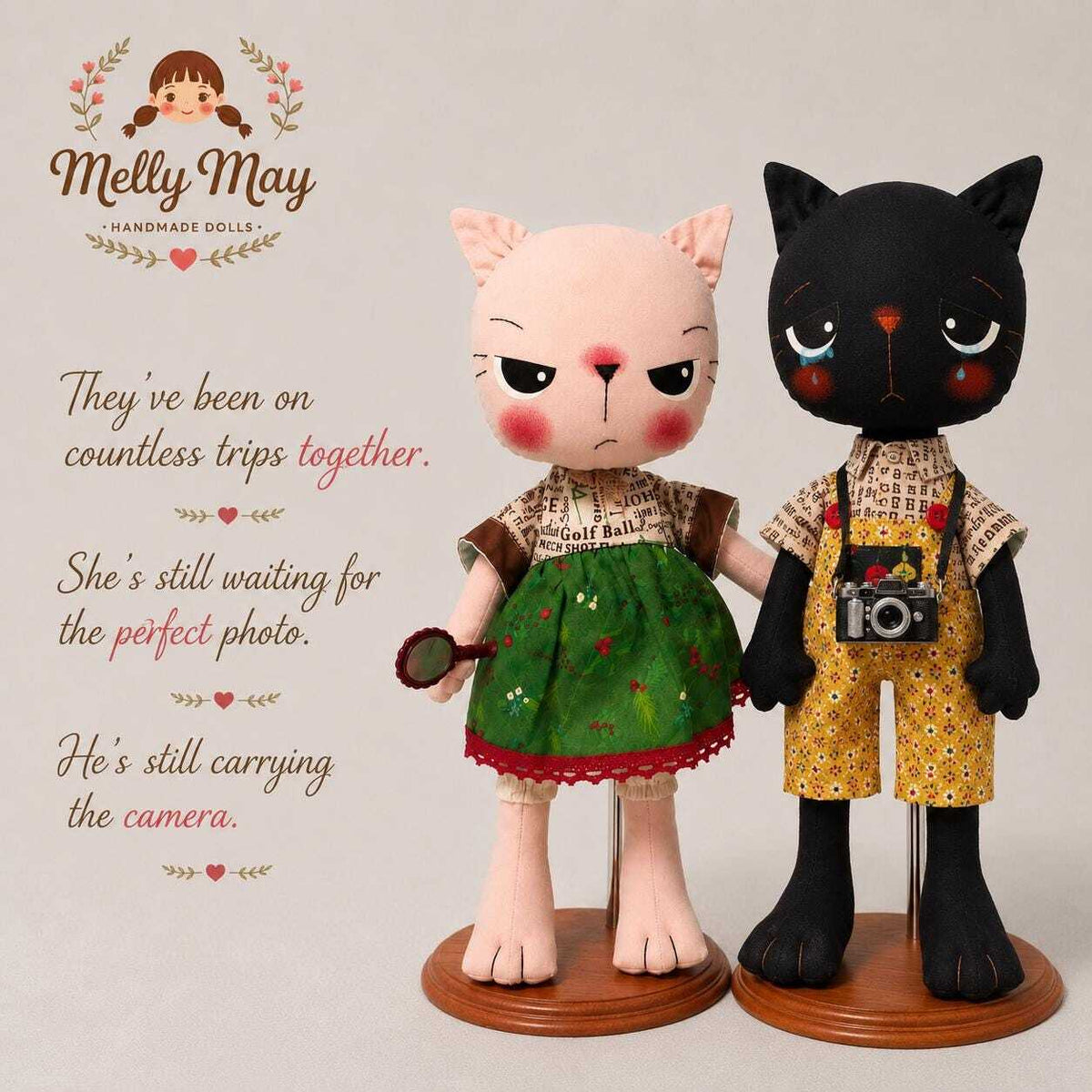 Vintage Traveler Cat Couple | Handmade Art Dolls